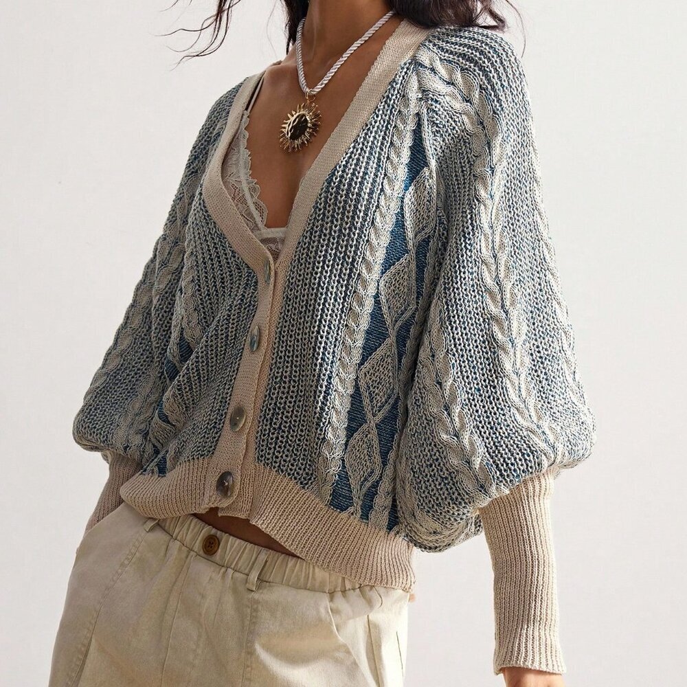 Blue Women's Lantern Sleeve Single-Breasted Casual Knit Cardigan - Picture 5 of 8